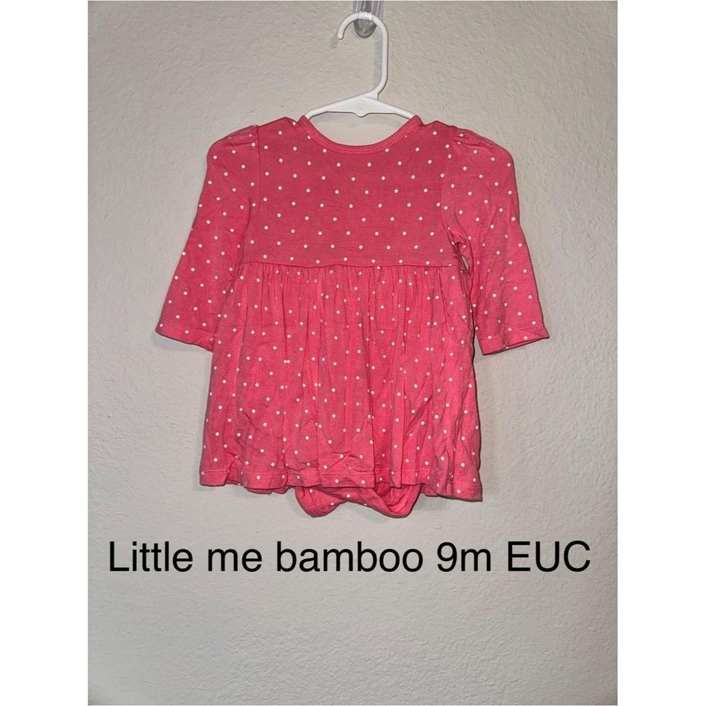 Little Me Bamboo Pink White Polka Dot Twirl Dress Bodysuit 9M Long Sleeve